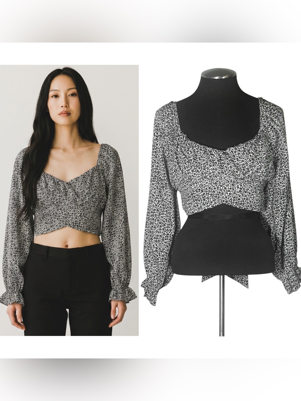 Altar’d State – Floral Black and White Tie Back Puff Sleeve Crop Top – Small